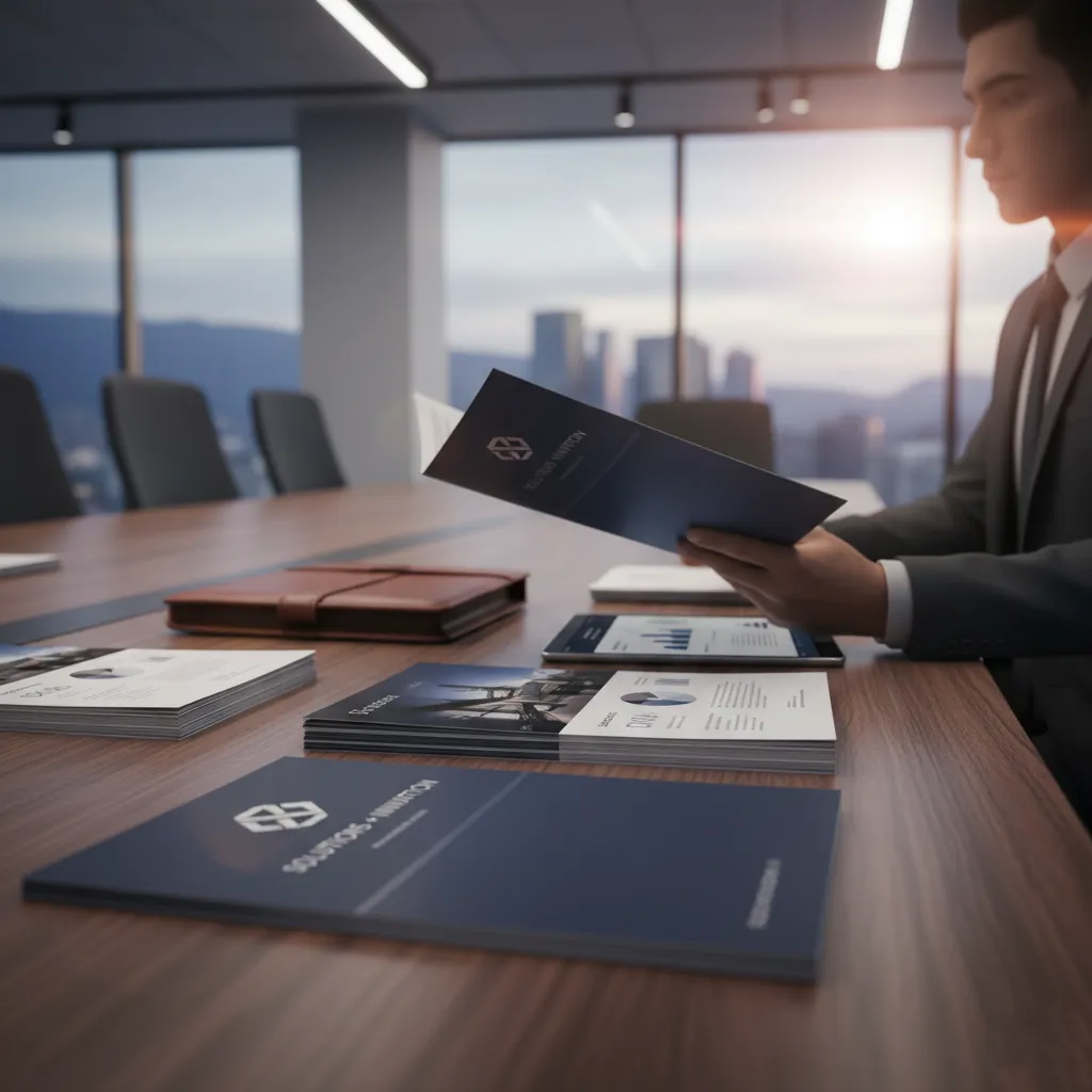 Fotografía de una Impresión de folletos y Brochures en Artes Gráficas Carnevali sobre un escritorio de oficina.